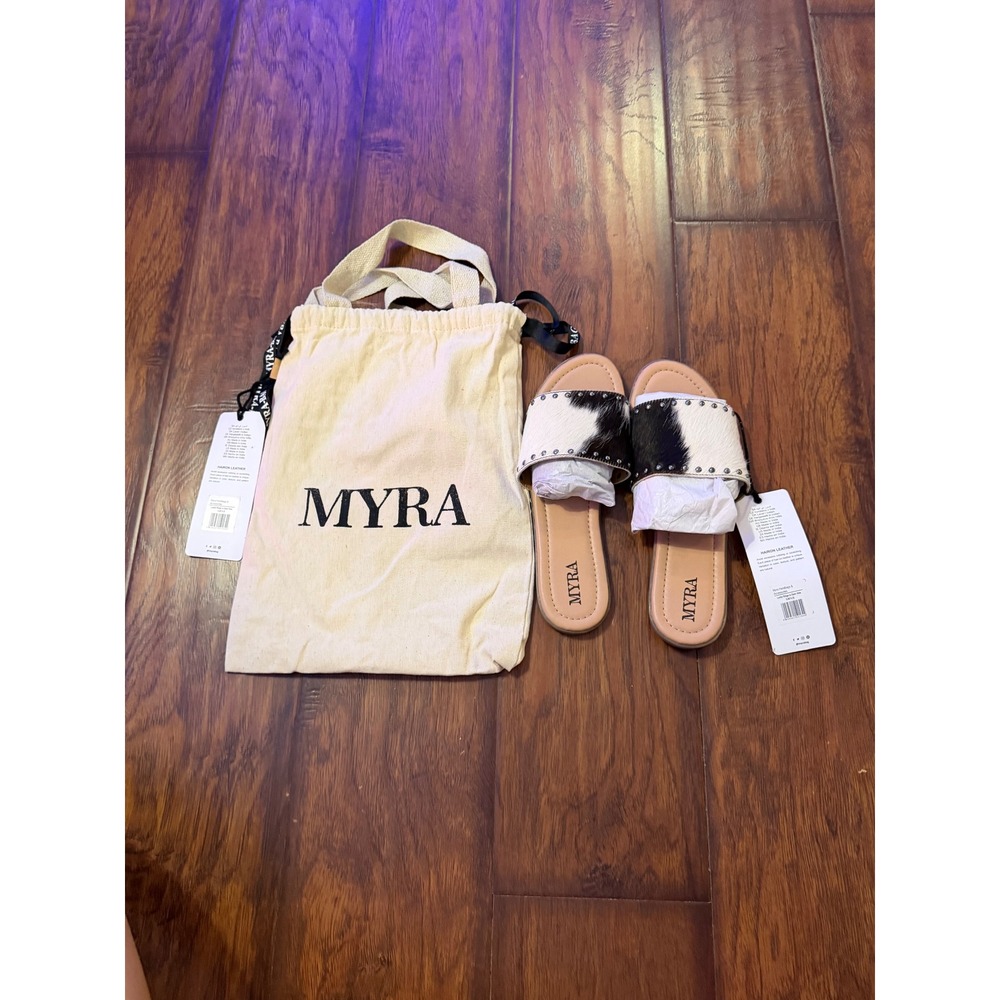 Myra Lettie Ridge Dark Hide Hair-On Leather Slide Sandals Size 9 NWT Cowhide